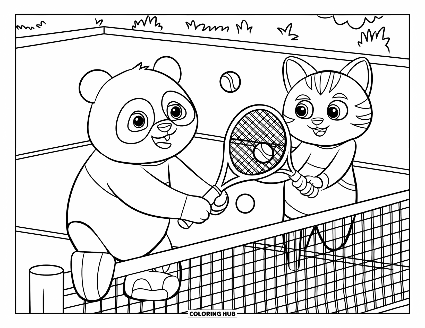 Tennis Coloring Page for Kids: Cat and panda rally over a net on a grassy court with trees