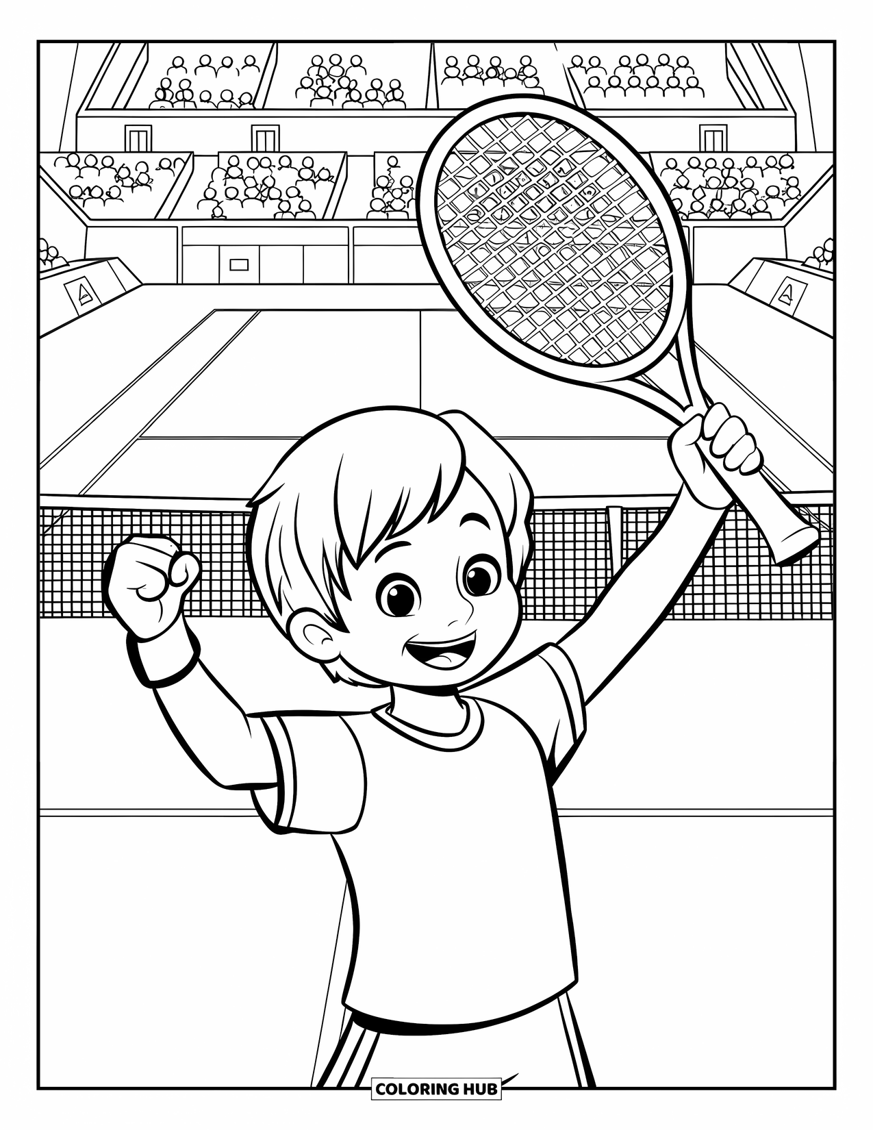 Tennis Coloring Page for Kids: Cheering child lifts racket with a stadium full of fans behind
