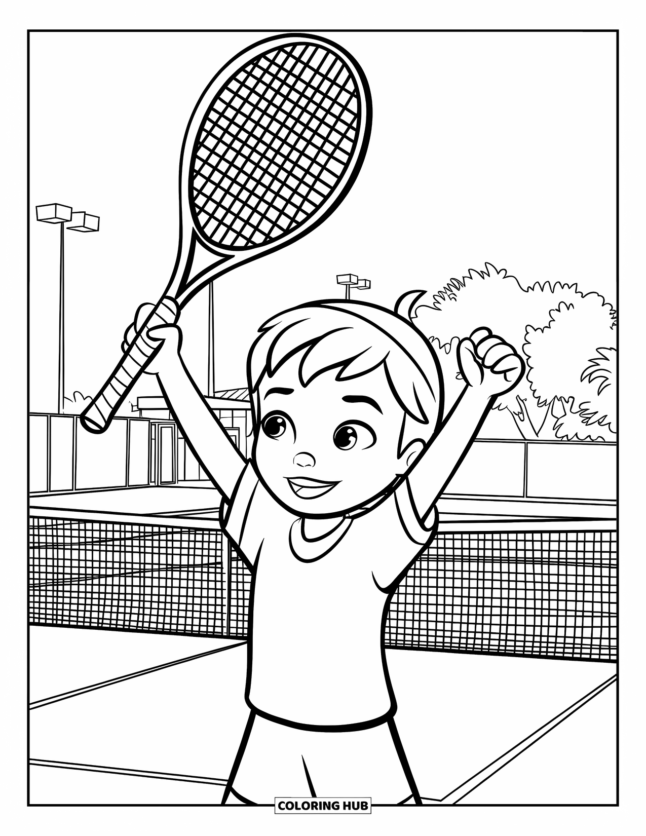 Tennis Coloring Page for Kids: Child celebrates a win with racket raised and trees behind