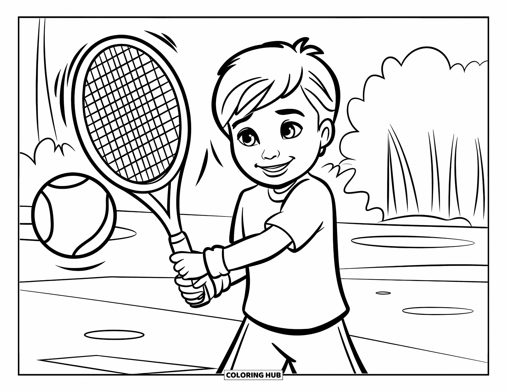 Tennis Coloring Page for Kids: Child smiles while swinging a racket with a ball floating mid-air