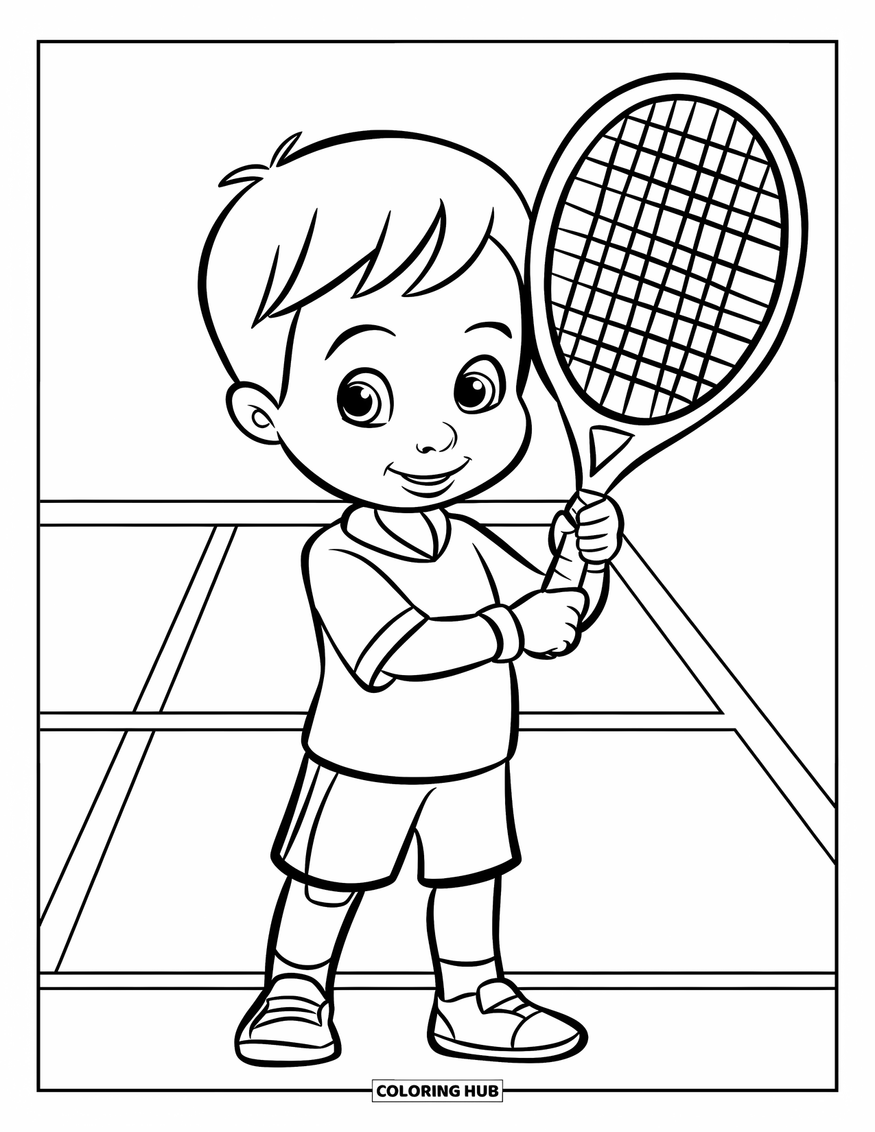 Tennis Coloring Page for Kids: Child stands proudly holding a tennis racket on a lined court