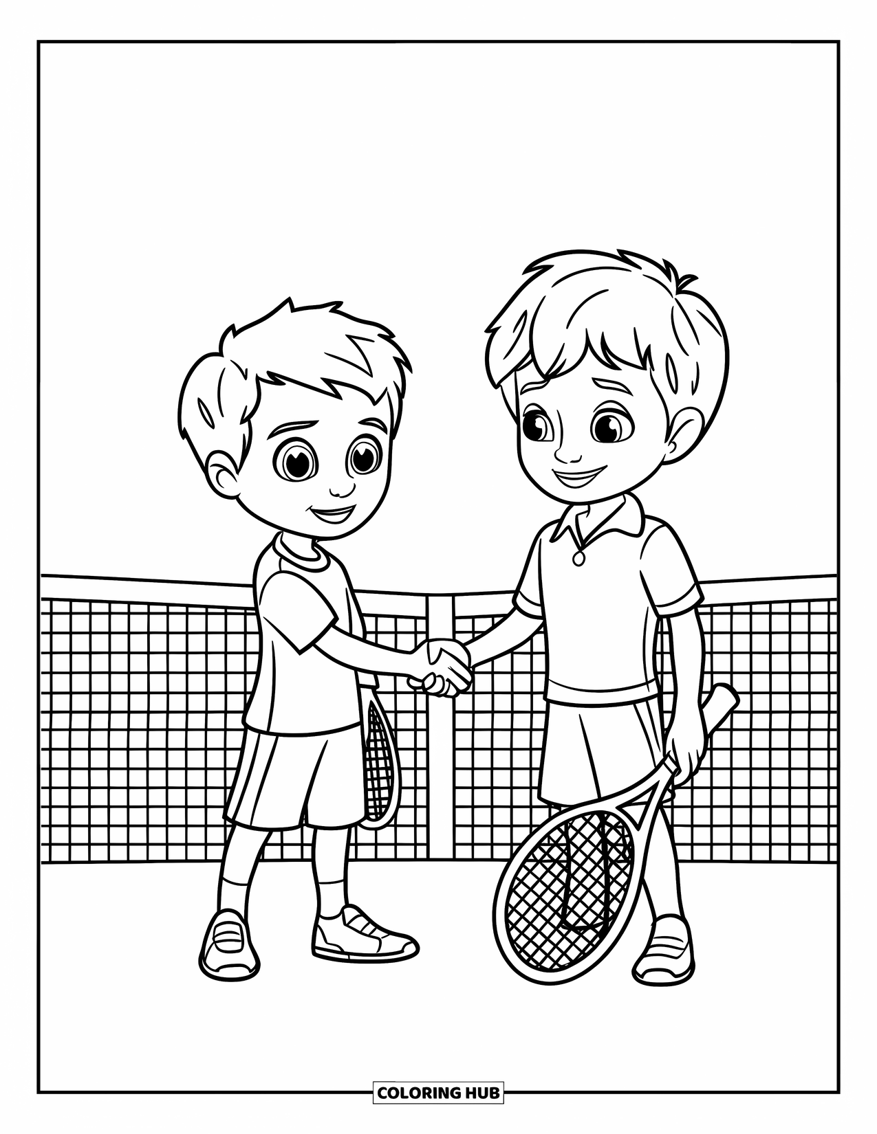 Tennis Coloring Page for Kids: Children shake hands near a net, rackets and court included