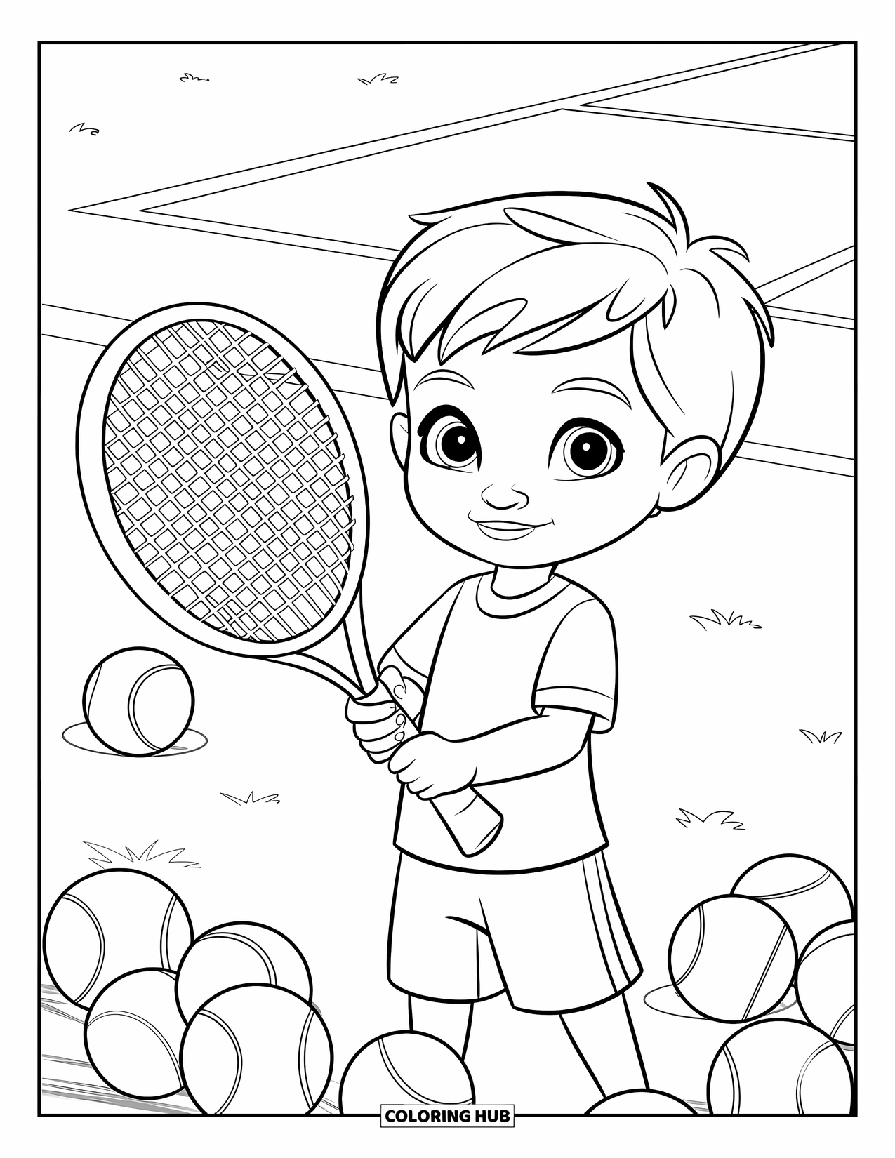 Tennis Coloring Page for Kids: Confident child grips a racket on a court with tennis balls scattered nearby