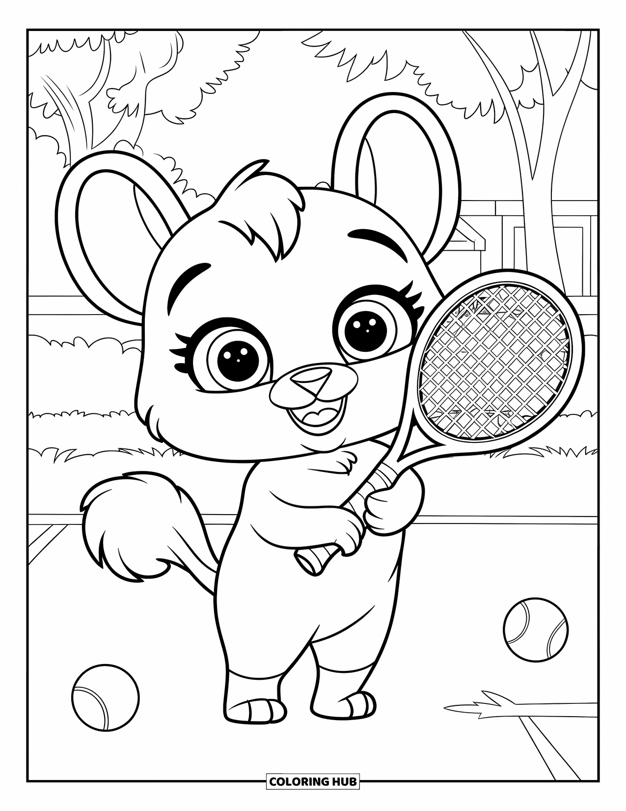 Tennis Coloring Page for Kids: Cute animal with a fluffy tail holds a racket on a grassy field