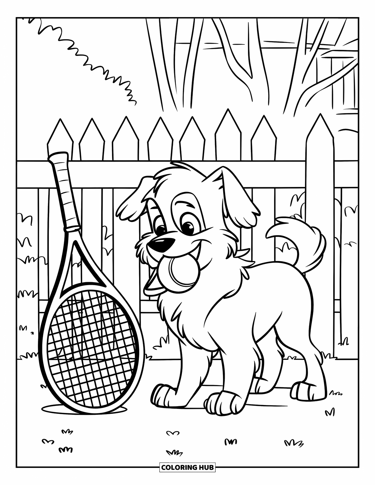 Tennis Coloring Page for Kids: Fluffy dog with a tennis ball stands on a lawn near a fence and trees
