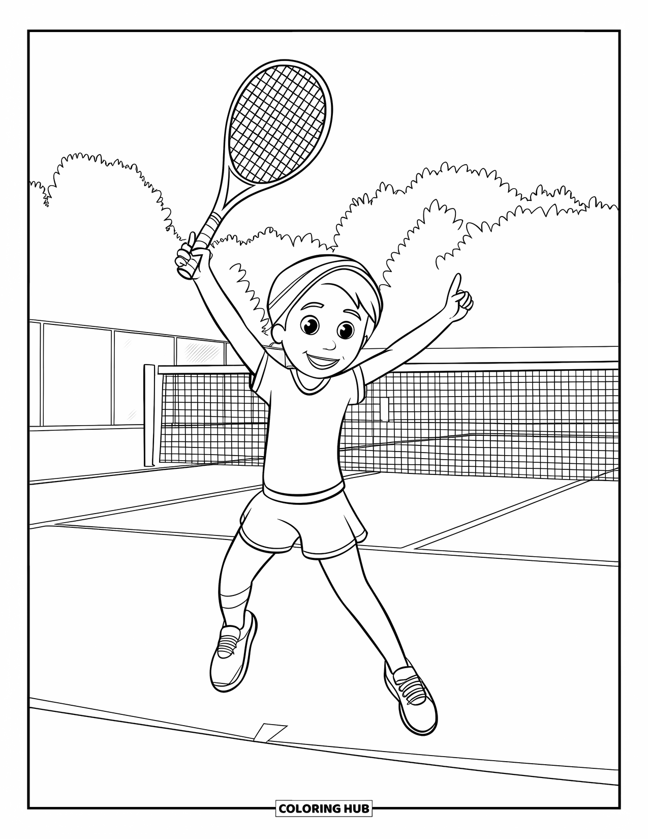 Tennis Coloring Page for Kids: Happy child jumps with racket after a tennis win