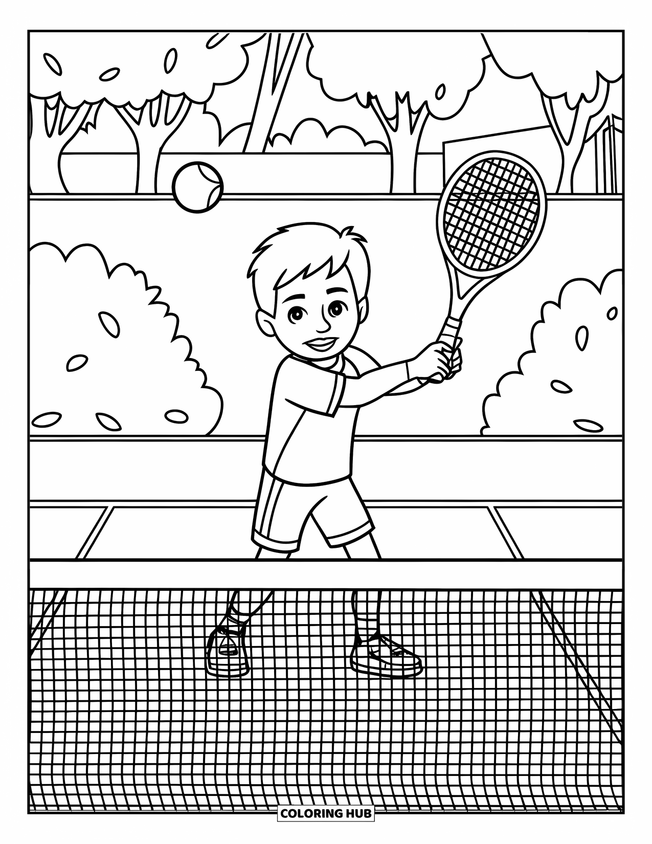 Tennis Coloring Page for Kids: Kid hits a tennis ball over the net with trees and a building behind