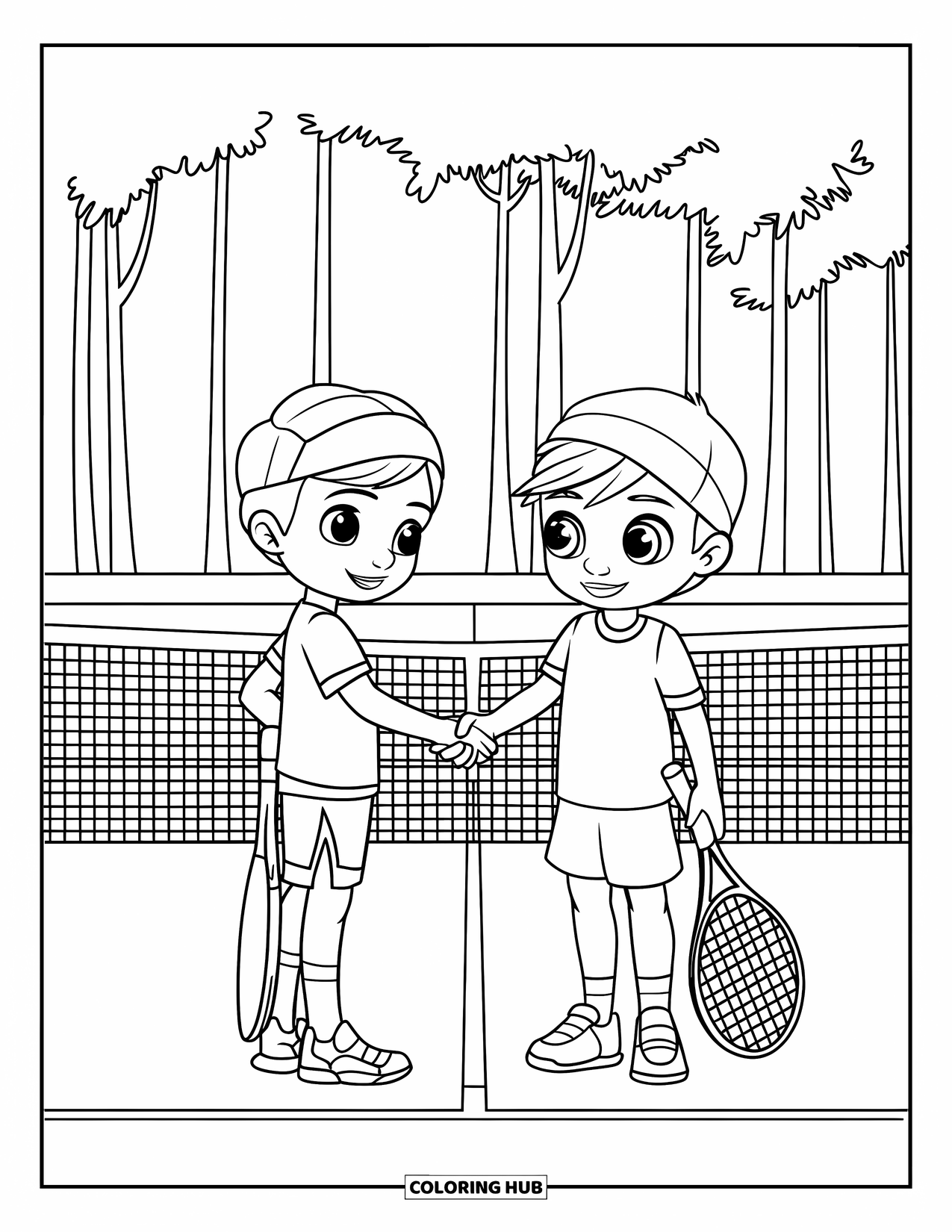 Tennis Coloring Page for Kids: Kids in tennis gear shake hands under tall trees after a game