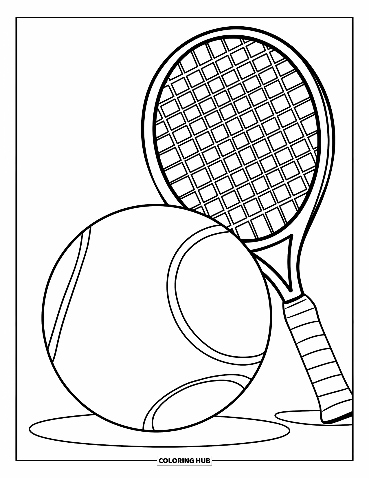 Tennis Coloring Page for Kids: Large tennis ball and racket sit together with a friendly feel