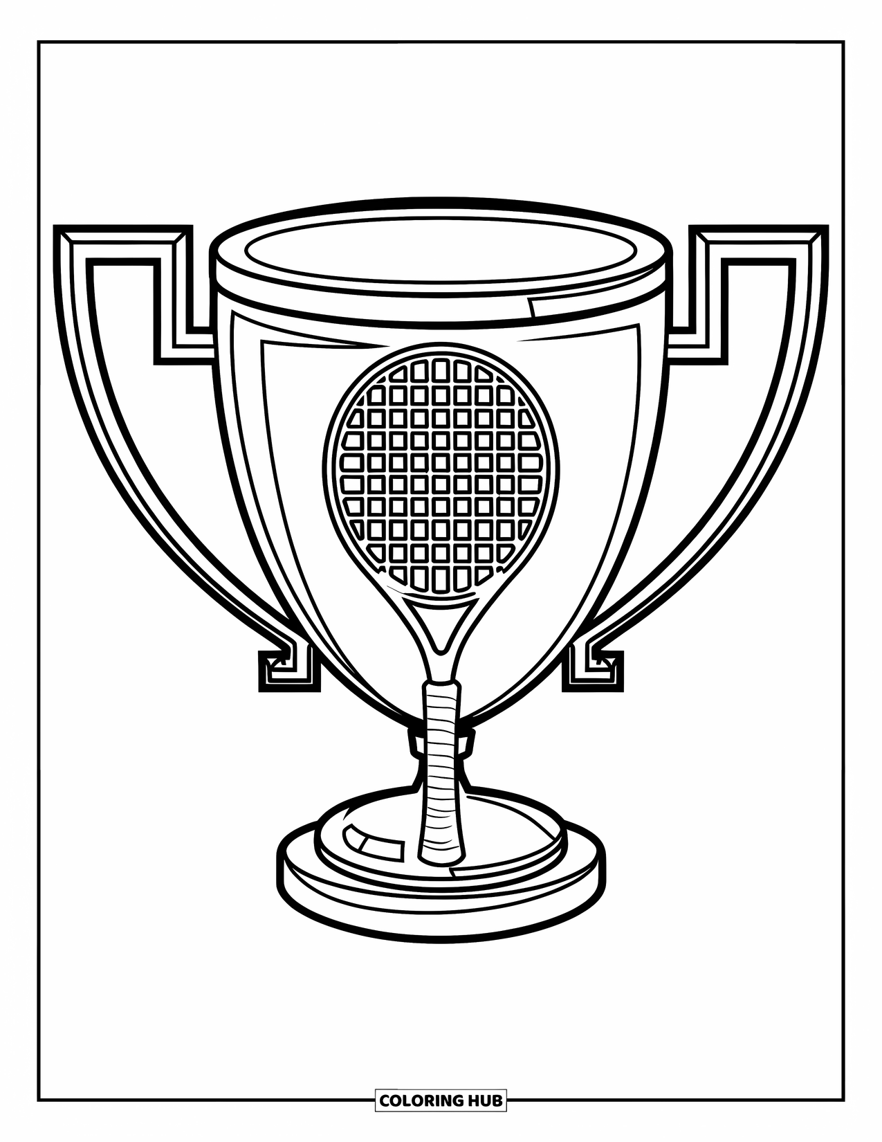 Tennis Coloring Page for Kids: Large trophy with a tennis racket design sits boldly in the center