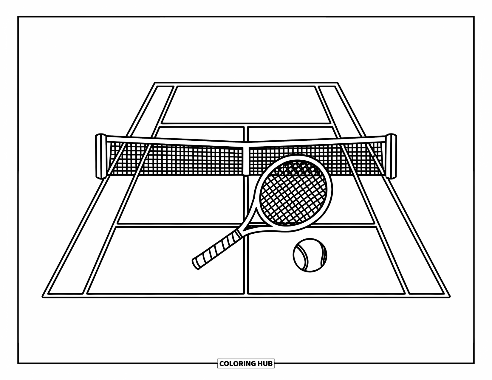 Tennis Coloring Page for Kids: Minimal court scene with racket, ball, bold lines, and a central net