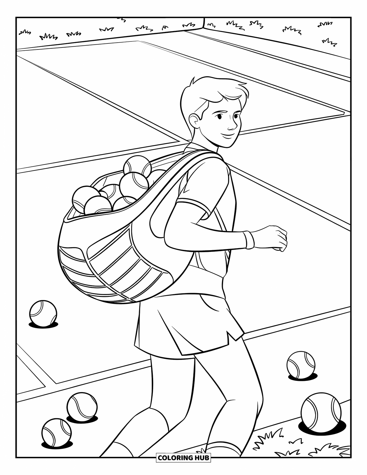 Tennis Coloring Page for Kids: Player walks across the court with a basket and balls scattered around