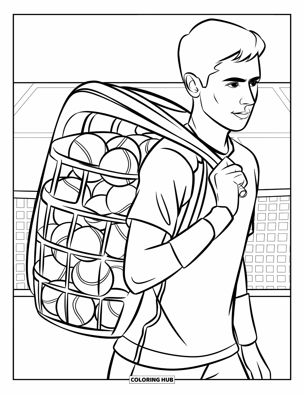 Tennis Coloring Page for Kids: Player with a basket on their shoulder walks across the practice court