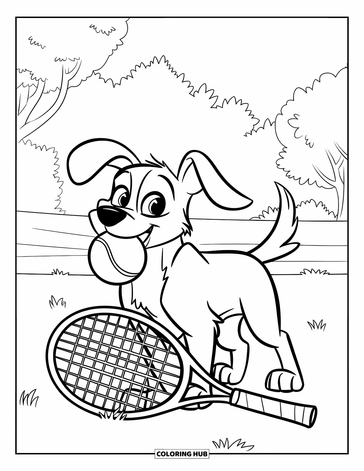 Tennis Coloring Page for Kids: Playful dog stands on grass with a tennis ball in its mouth and a racket nearby