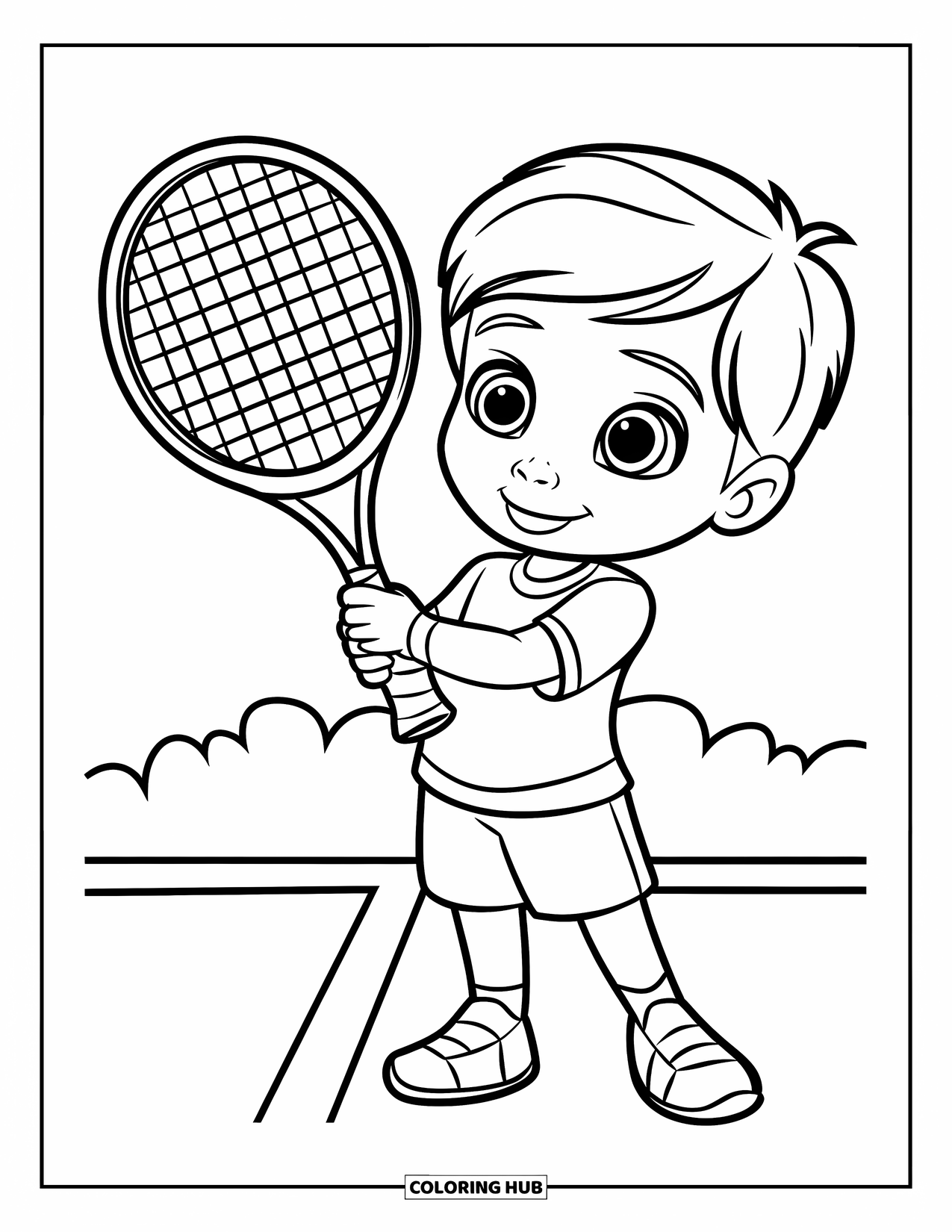 Tennis Coloring Page for Kids: Proud child stands with racket in a field, ready to play