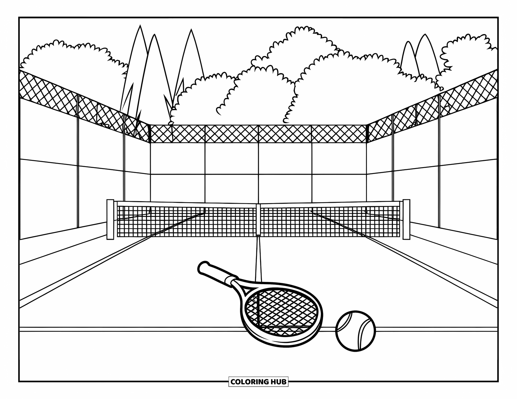 Tennis Coloring Page for Kids: Racket and ball near the net on a fenced court with trees behind