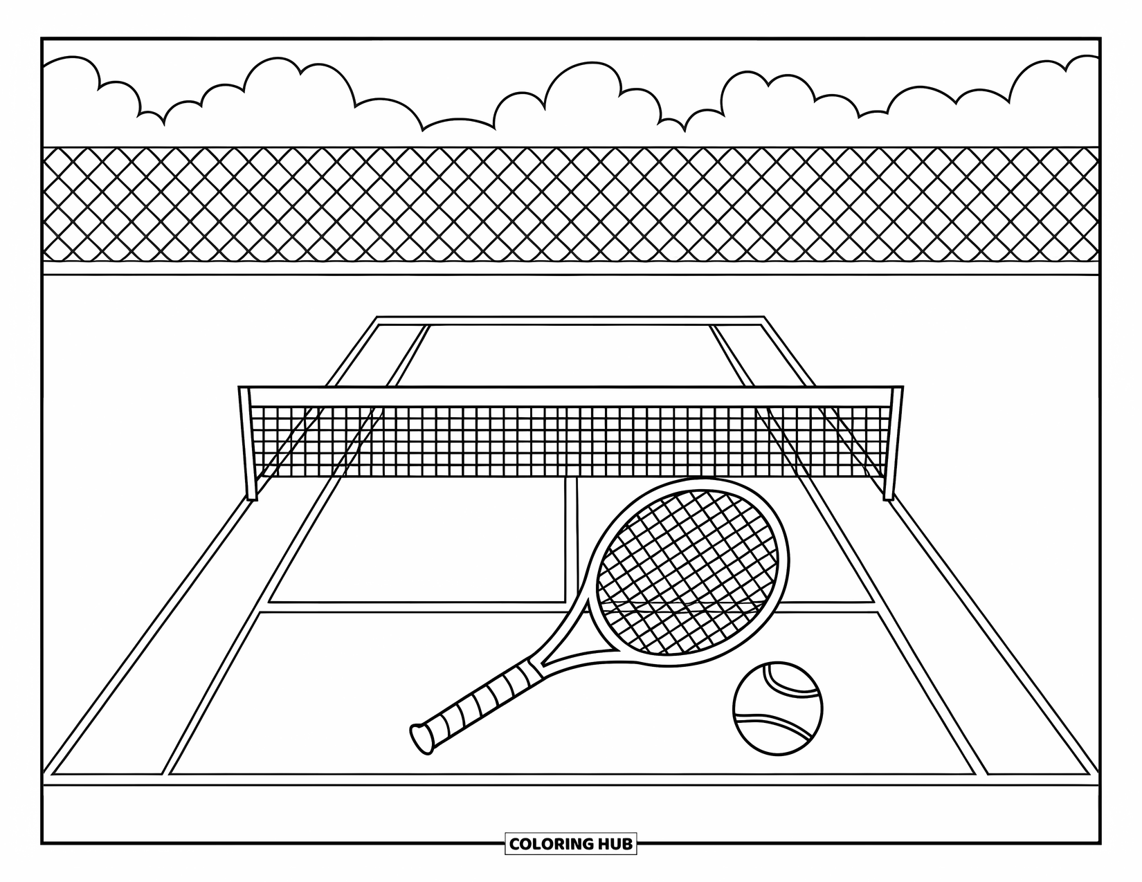 Tennis Coloring Page for Kids: Single racket and ball rest on a marked court with a nearby fence