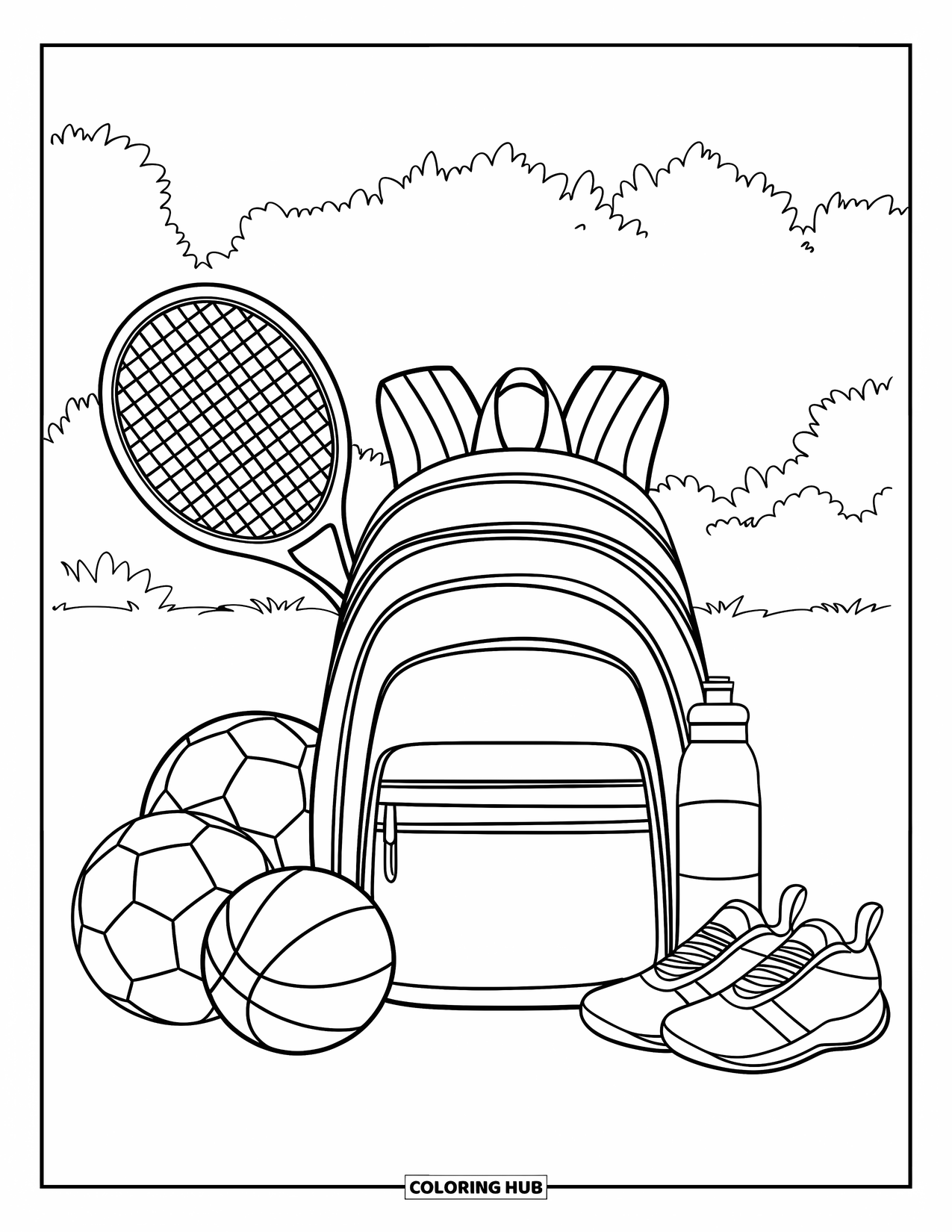 Tennis Coloring Page for Kids: Sports gear surrounds a backpack with a racket on a field