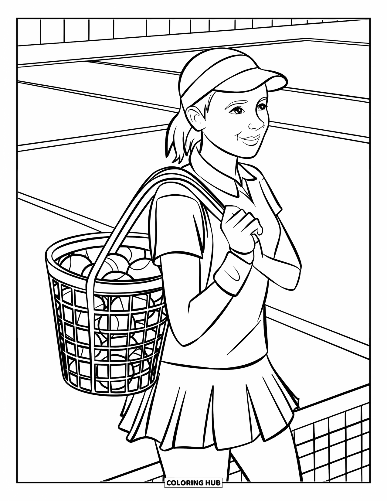 Tennis Coloring Page for Kids: Teen carries a basket of tennis balls across the court after training