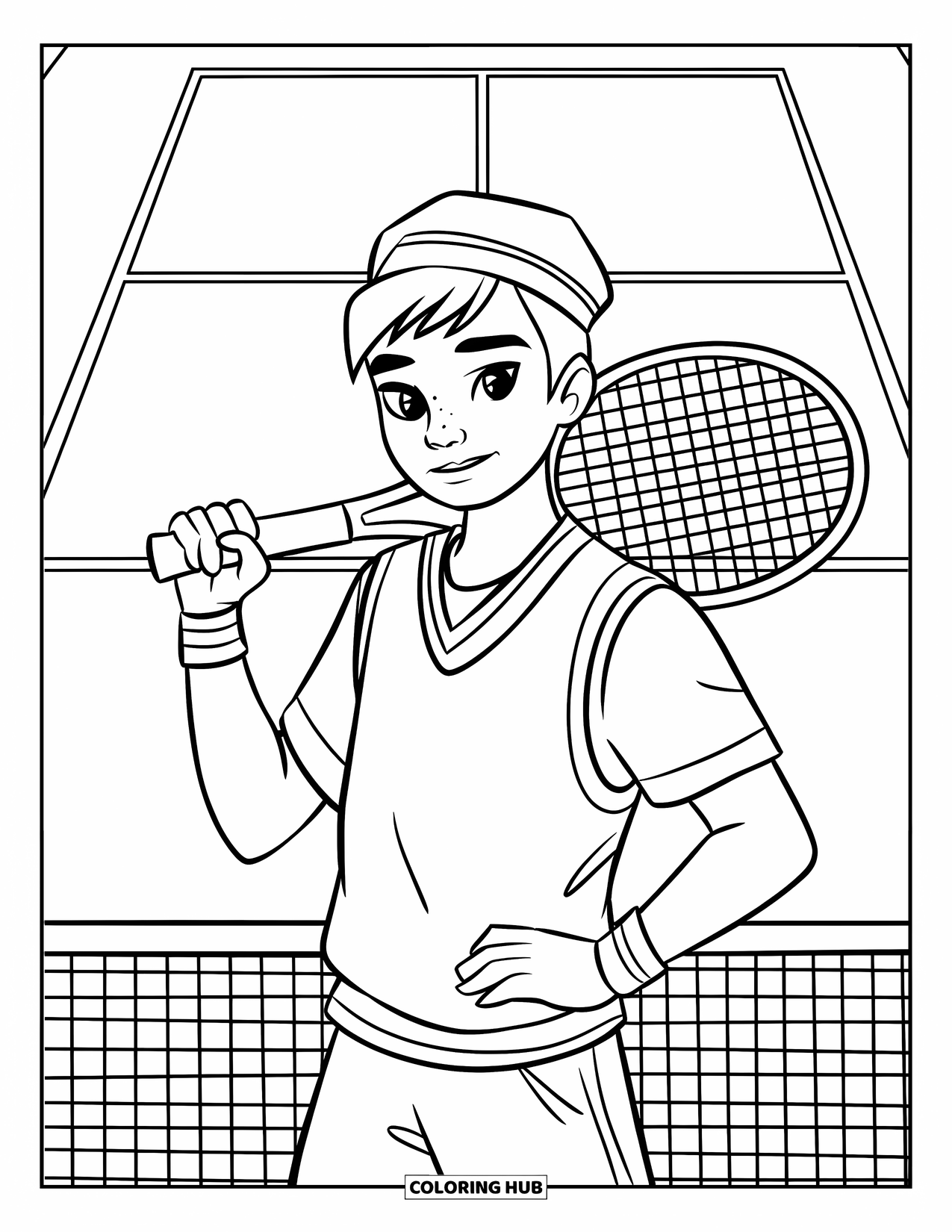 Tennis Coloring Page for Kids: Teen in a vest and hat holds a racket on a quiet tennis court
