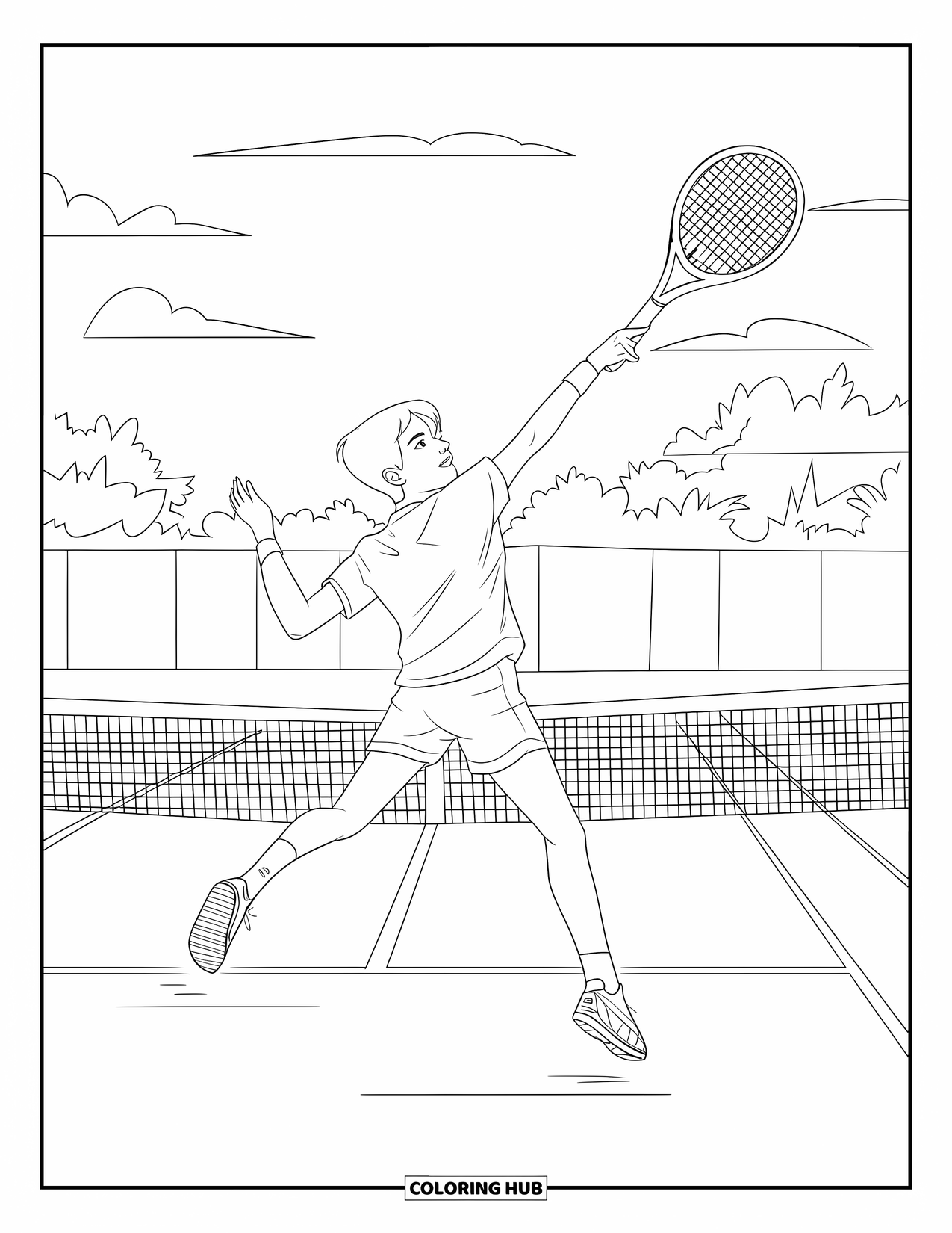 Tennis Coloring Page for Kids: Teen jumps into a big serve under a bright sky with soft clouds