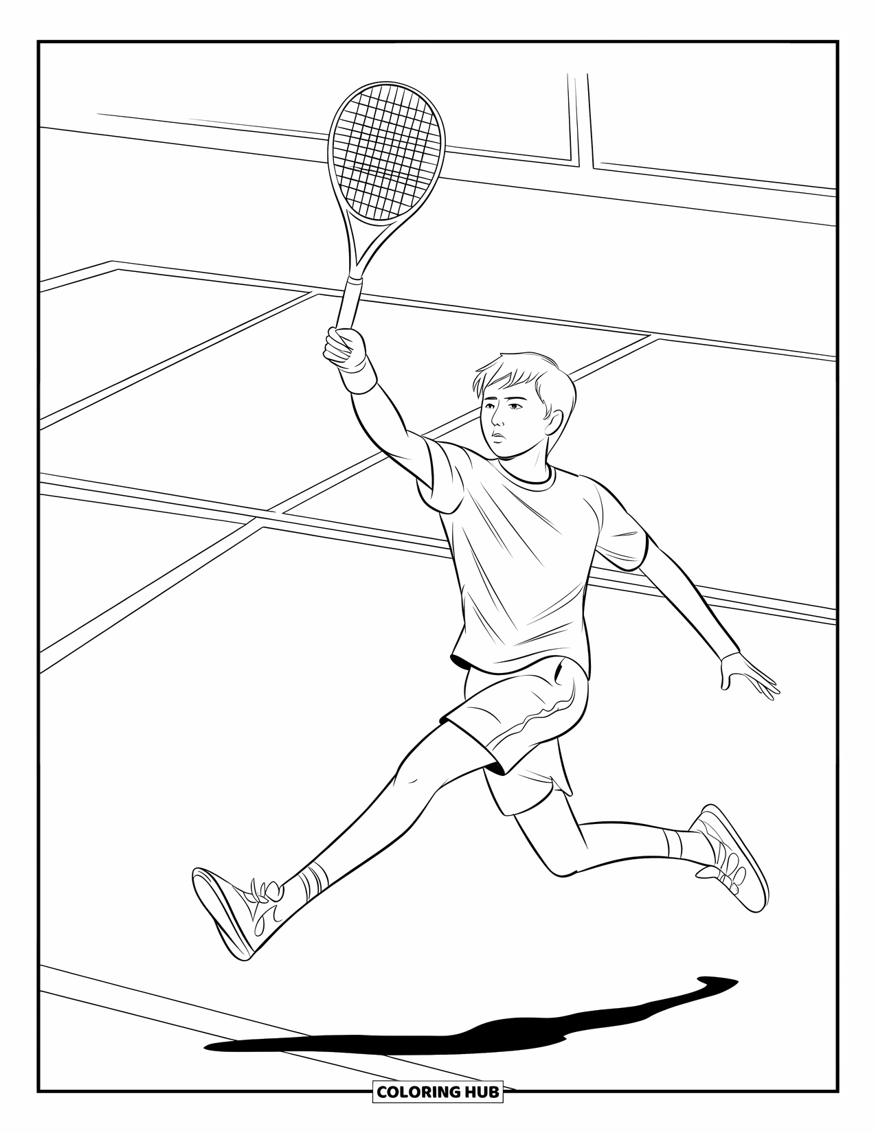 Tennis Coloring Page for Kids: Teen leaps high into a powerful serve with full energy on the court