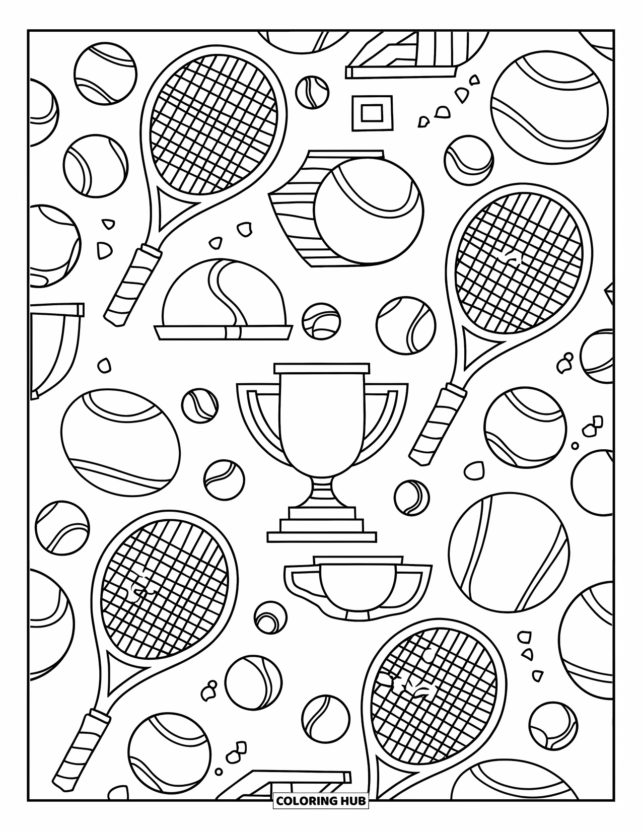 Tennis Coloring Page for Kids: Tennis elements scattered in a puzzle design with stacked trophies and neat borders