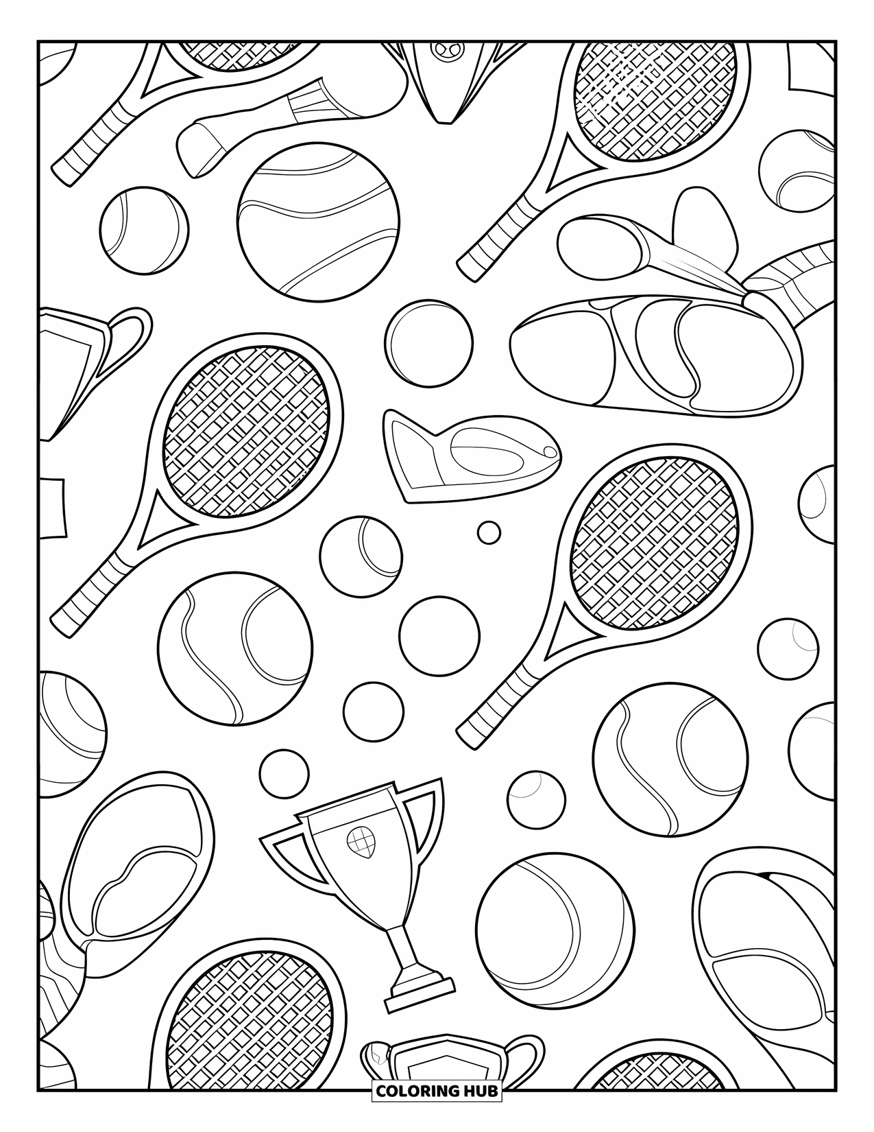 Tennis Coloring Page for Kids: Tennis puzzle filled with rackets, balls, and trophies in a fun layout