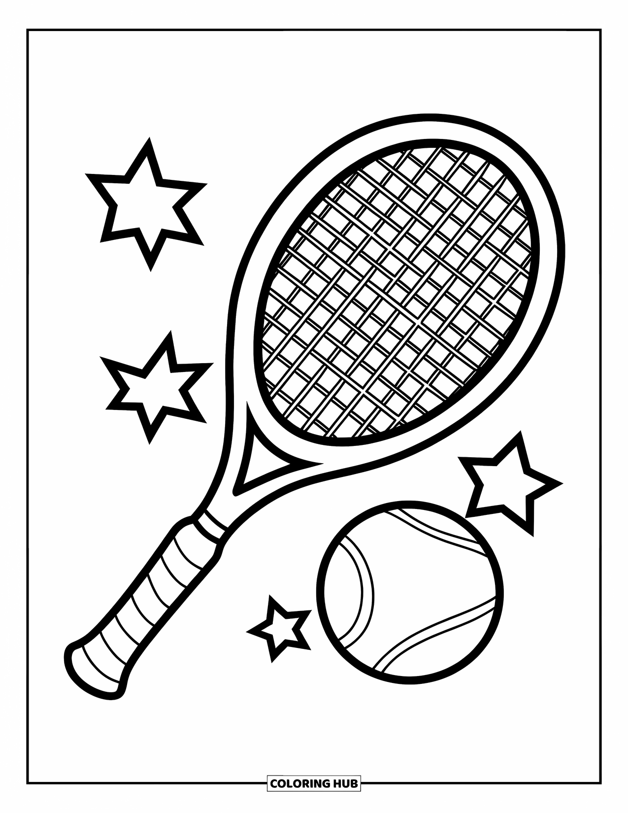 Tennis Coloring Page for Kids: Tennis racket and ball float with stars around them