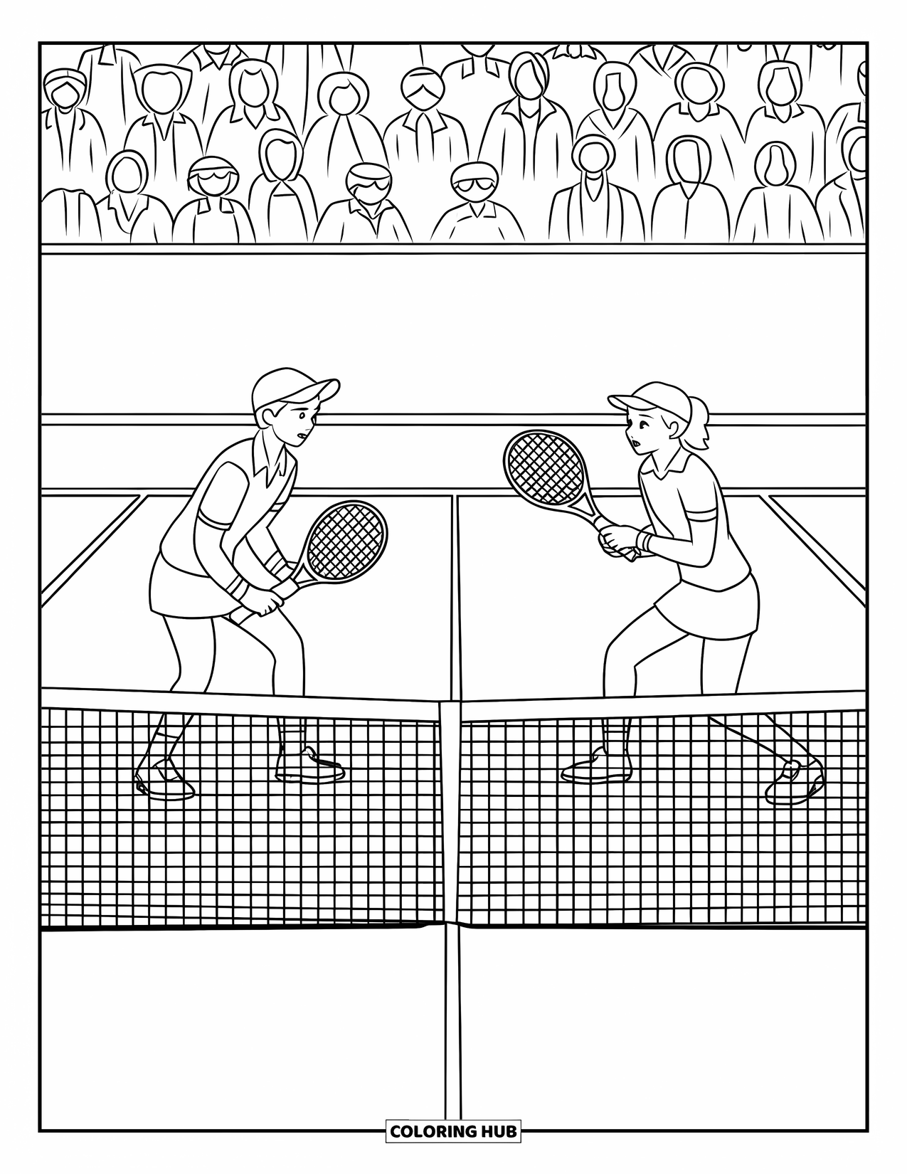 Tennis Coloring Page for Kids: Two teams face off in a doubles match with a cheering crowd behind them