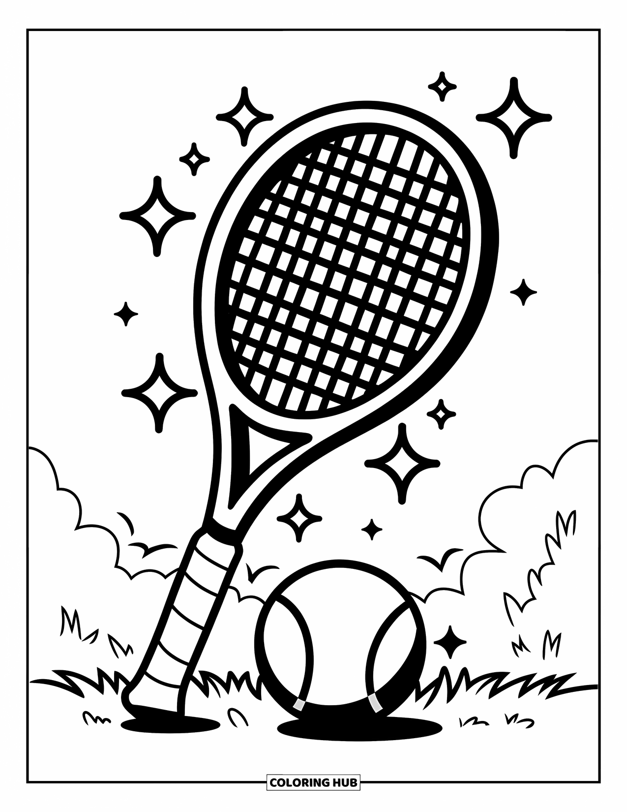 Tennis Coloring Page for Kids: Upright racket and ball glow with stars on a grassy court