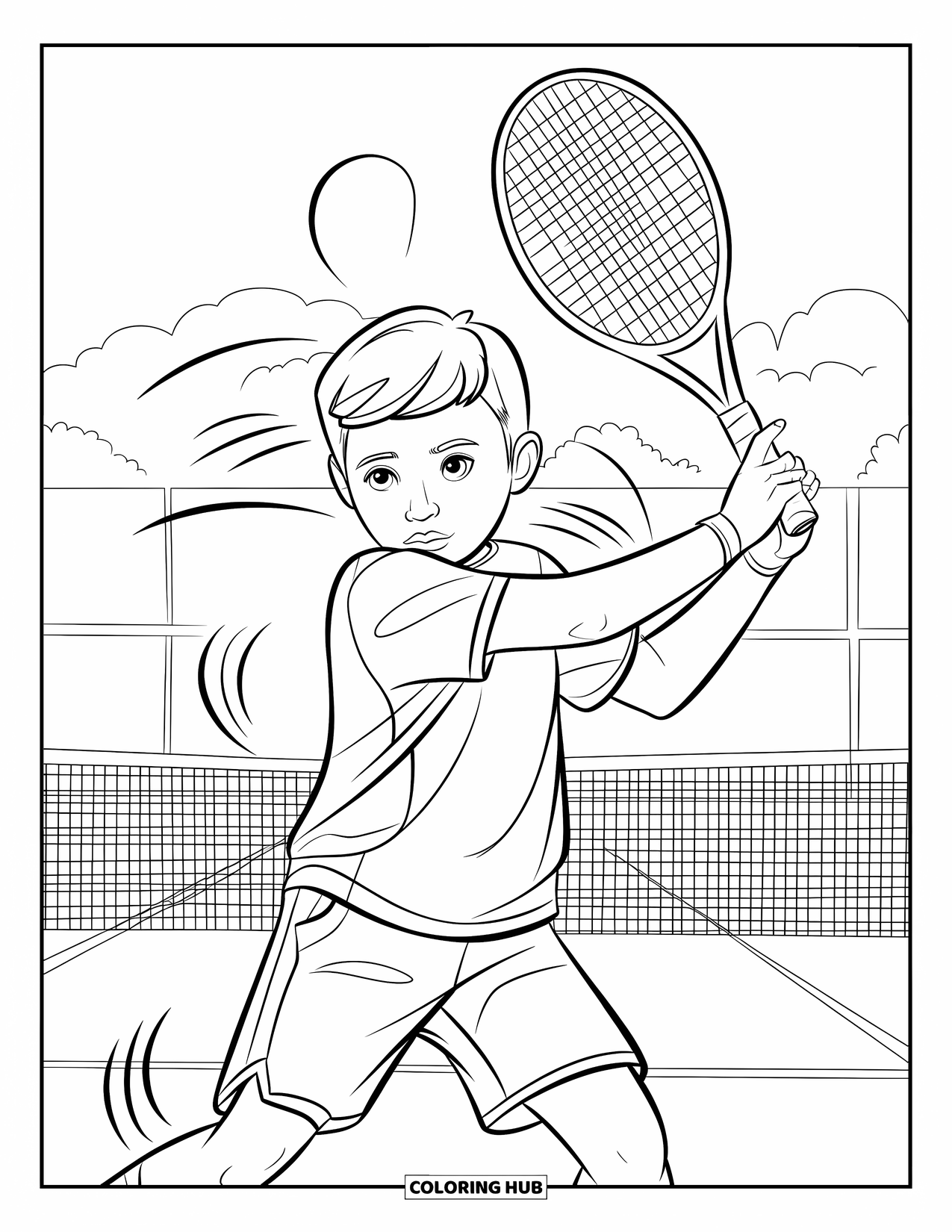 Tennis Coloring Page for Kids: Young player swings a backhand with motion lines around the racket