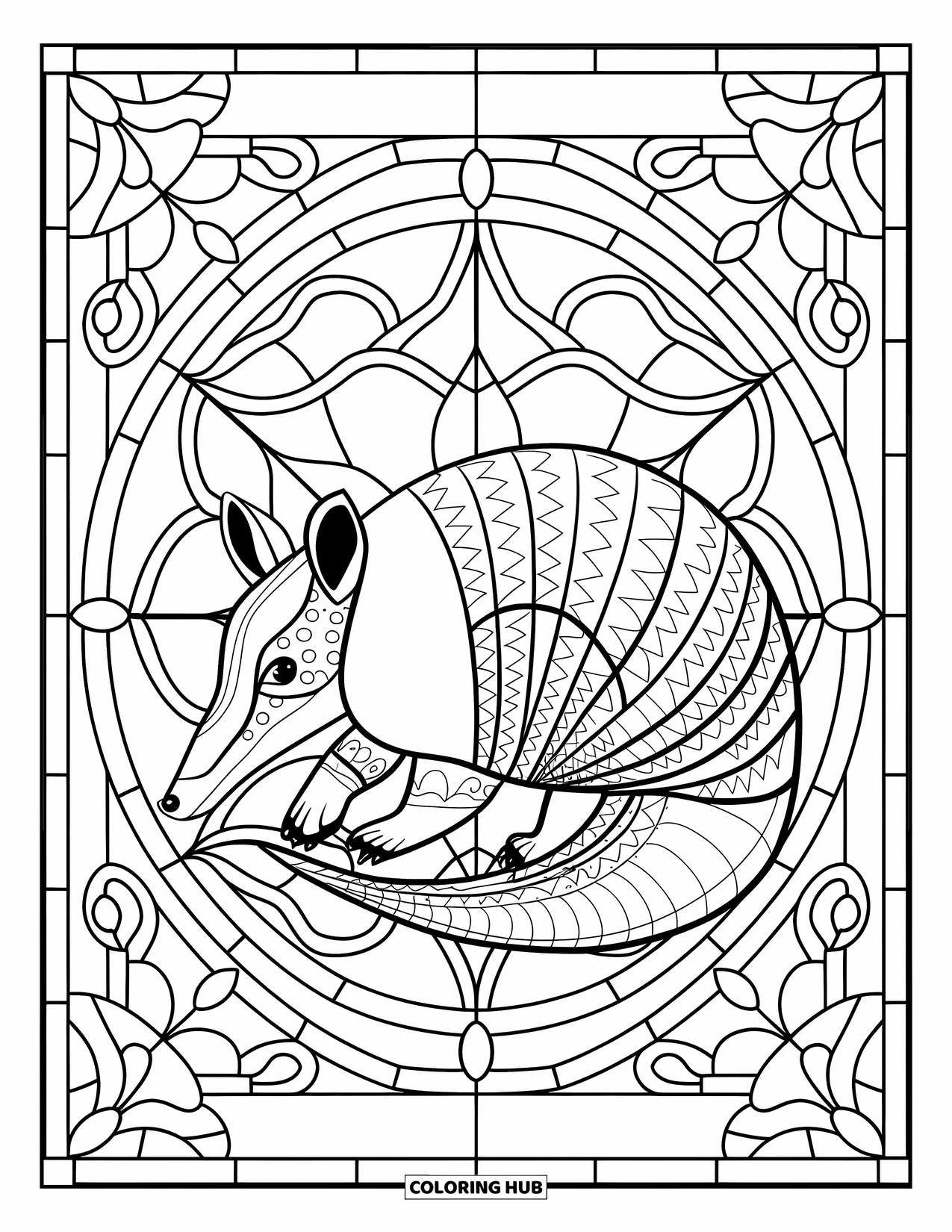 Texas Coloring Page for Adults: A curled armadillo rests inside a stained glass tile with decorative borders