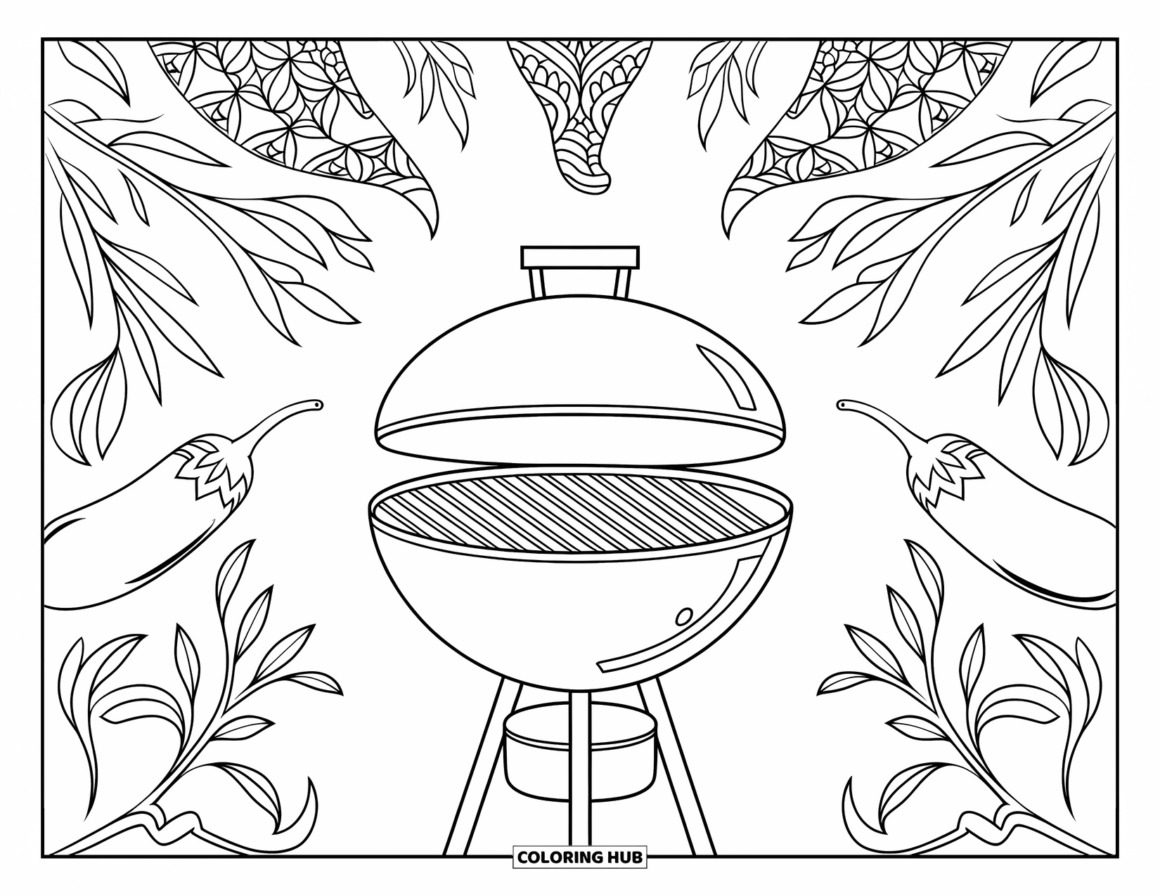 Texas Coloring Page for Adults: A grill is framed by swirling chili peppers and herbs with a clean, simple background