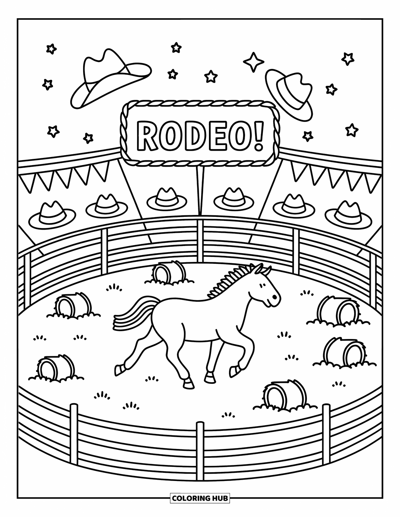 Texas Coloring Page for Adults: A horse runs in a rodeo ring with hay bales, stars, and a big "Rodeo!" sign