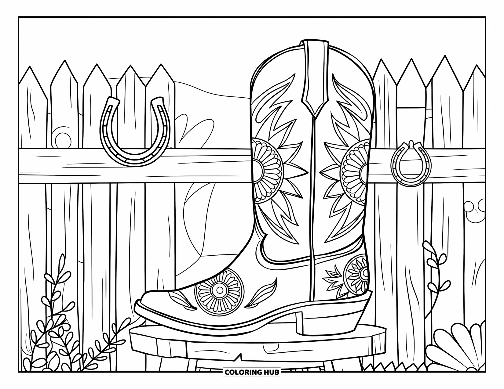 Texas Coloring Page for Adults: A mandala-decorated boot rests on a stool near a rustic fence and lantern