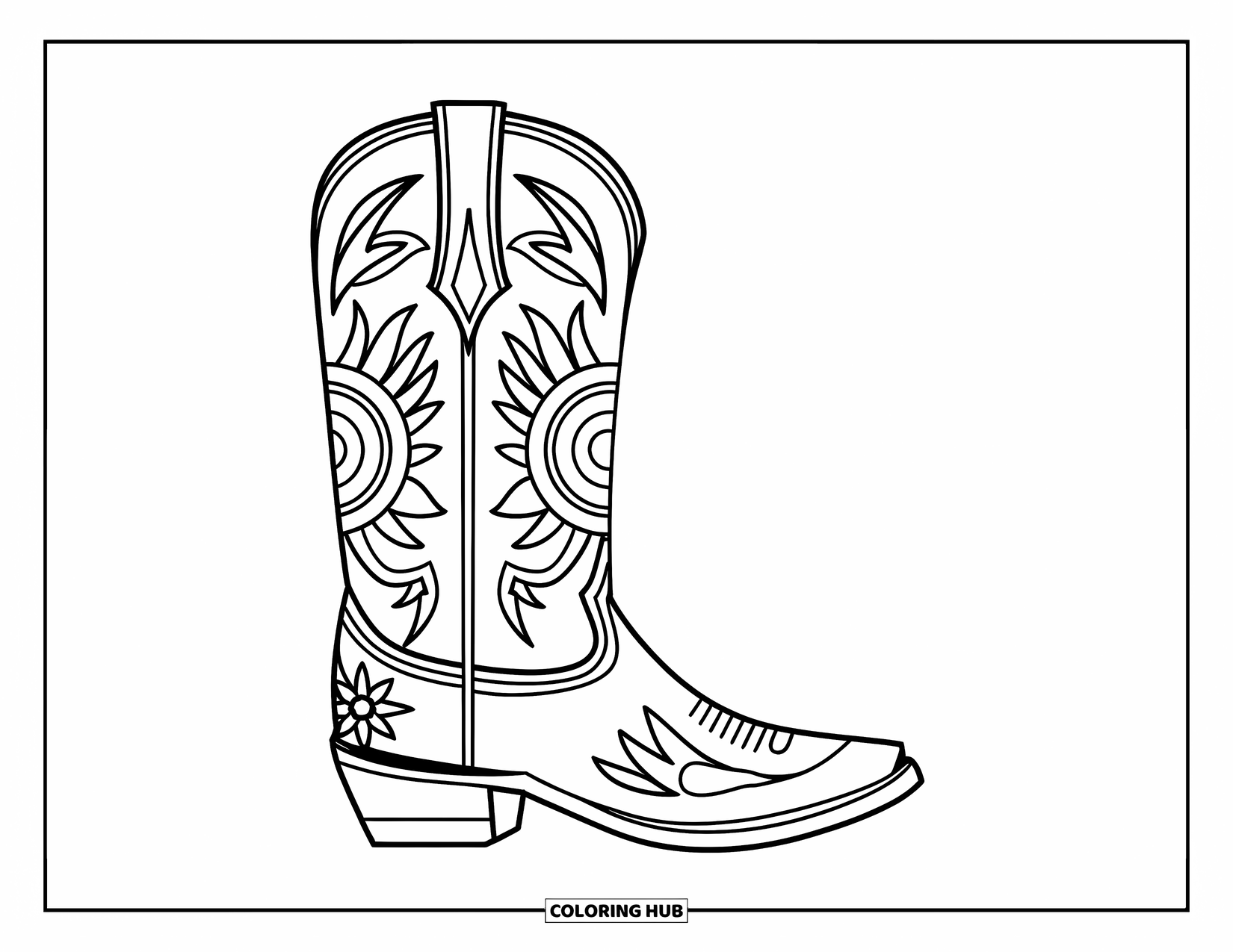 Texas Coloring Page for Adults: A patterned cowboy boot sits against a simple, decorative white backdrop