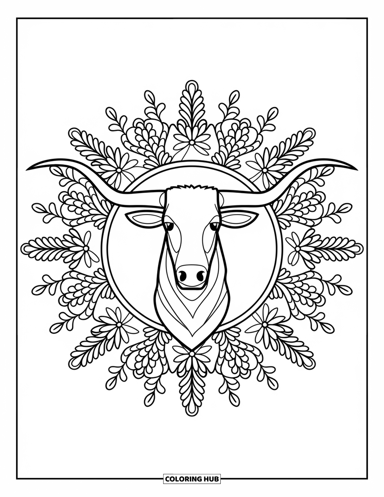 Texas Coloring Page for Adults: A wide-horned longhorn is framed by a symmetrical floral and vine-filled mandala