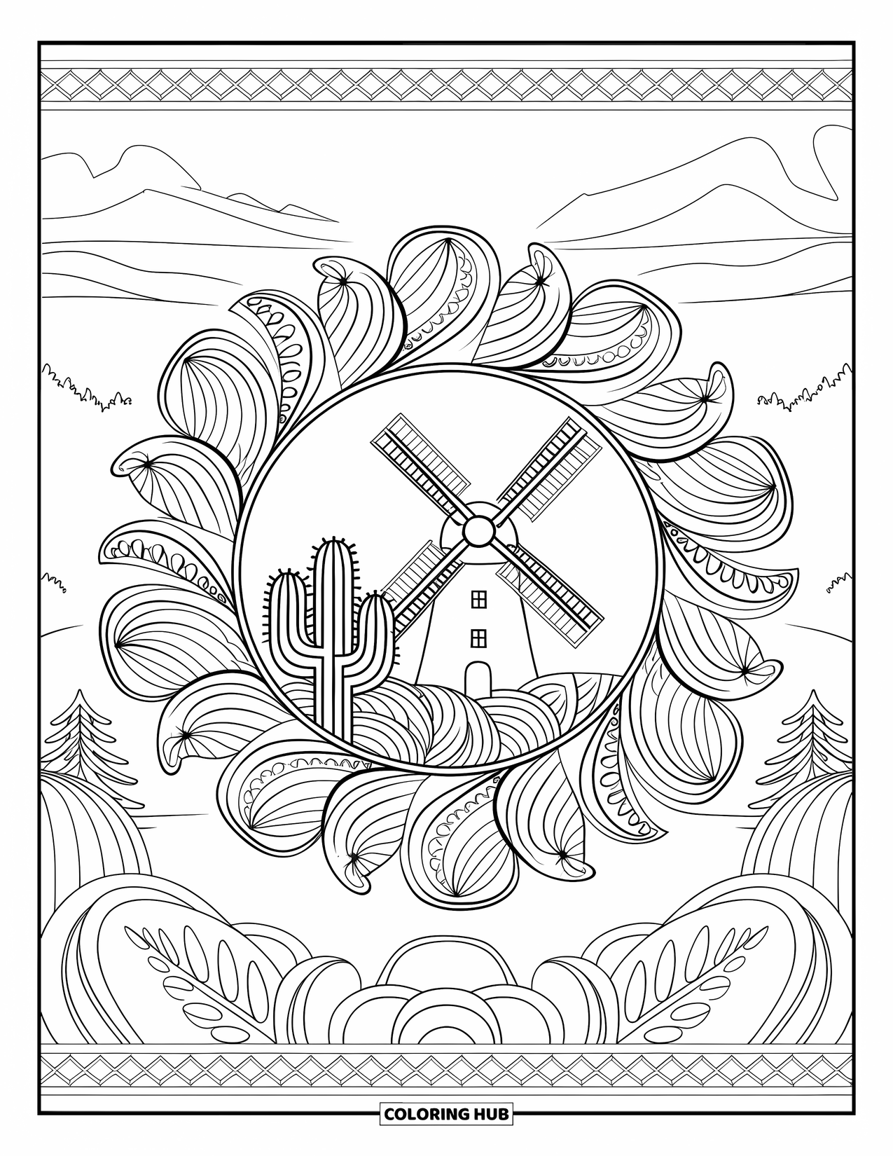 Texas Coloring Page for Adults: A windmill and cactus rest at the heart of a leafy mandala with mountain views