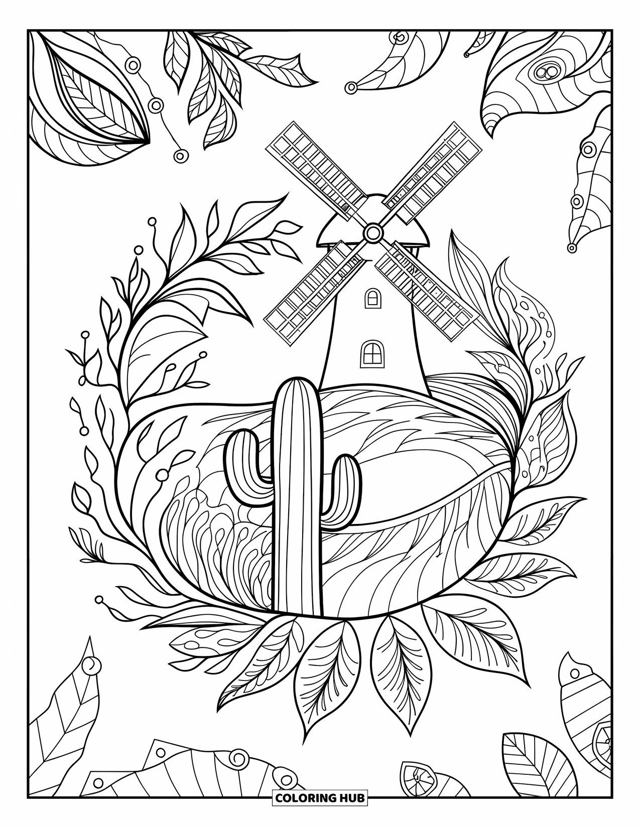 Texas Coloring Page for Adults: A windmill and cactus sit in the center of a swirling botanical mandala