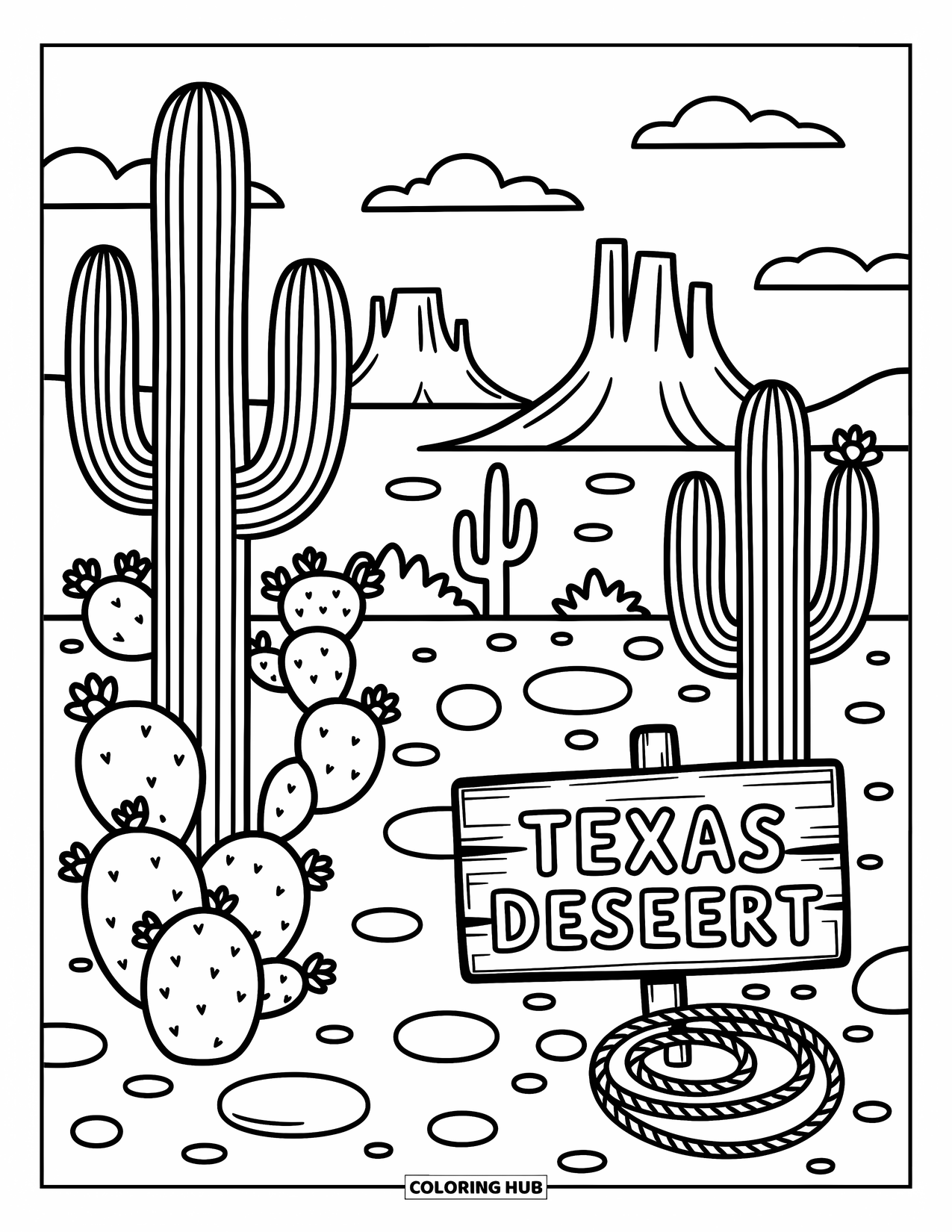 Texas Coloring Page for Adults: Barrel and prickly pear cacti fill the desert with flowers and a Texas sign