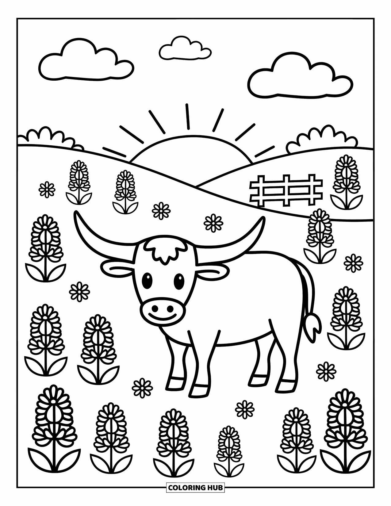 Texas Coloring Page for Adults: Bluebonnets and a fence surround a calm longhorn in the gentle Texas hills