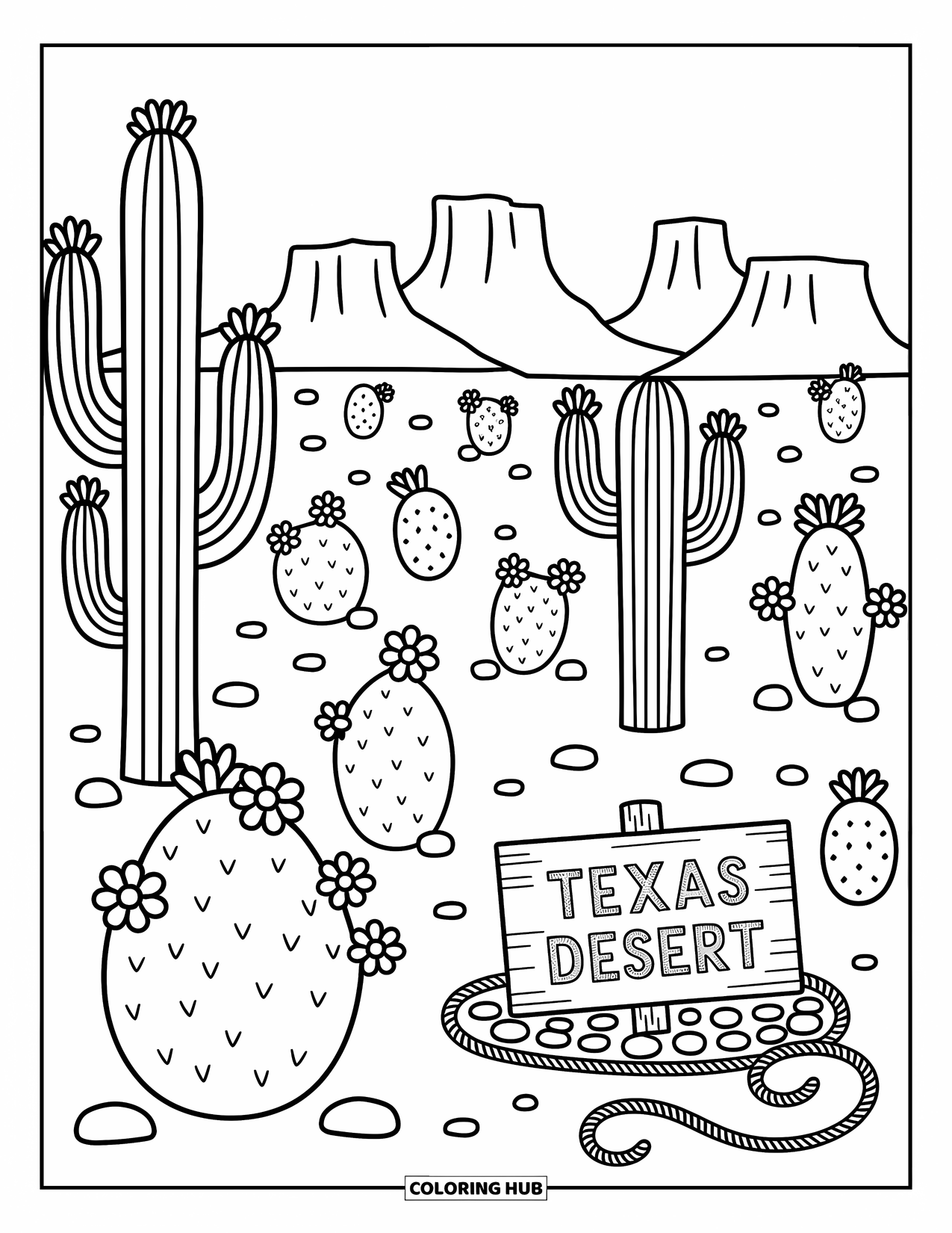 Texas Coloring Page for Adults: Cacti bloom across the Texas desert with a "Texas Desert" sign in front