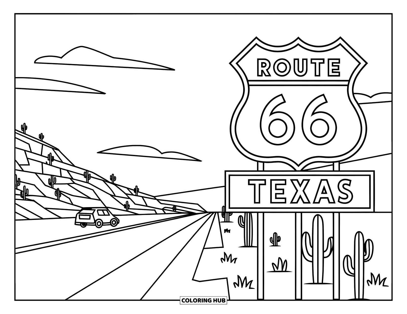 Texas Coloring Page for Kids: A bold Route 66 Texas sign marks a scenic road with cacti, cars, and distant hills