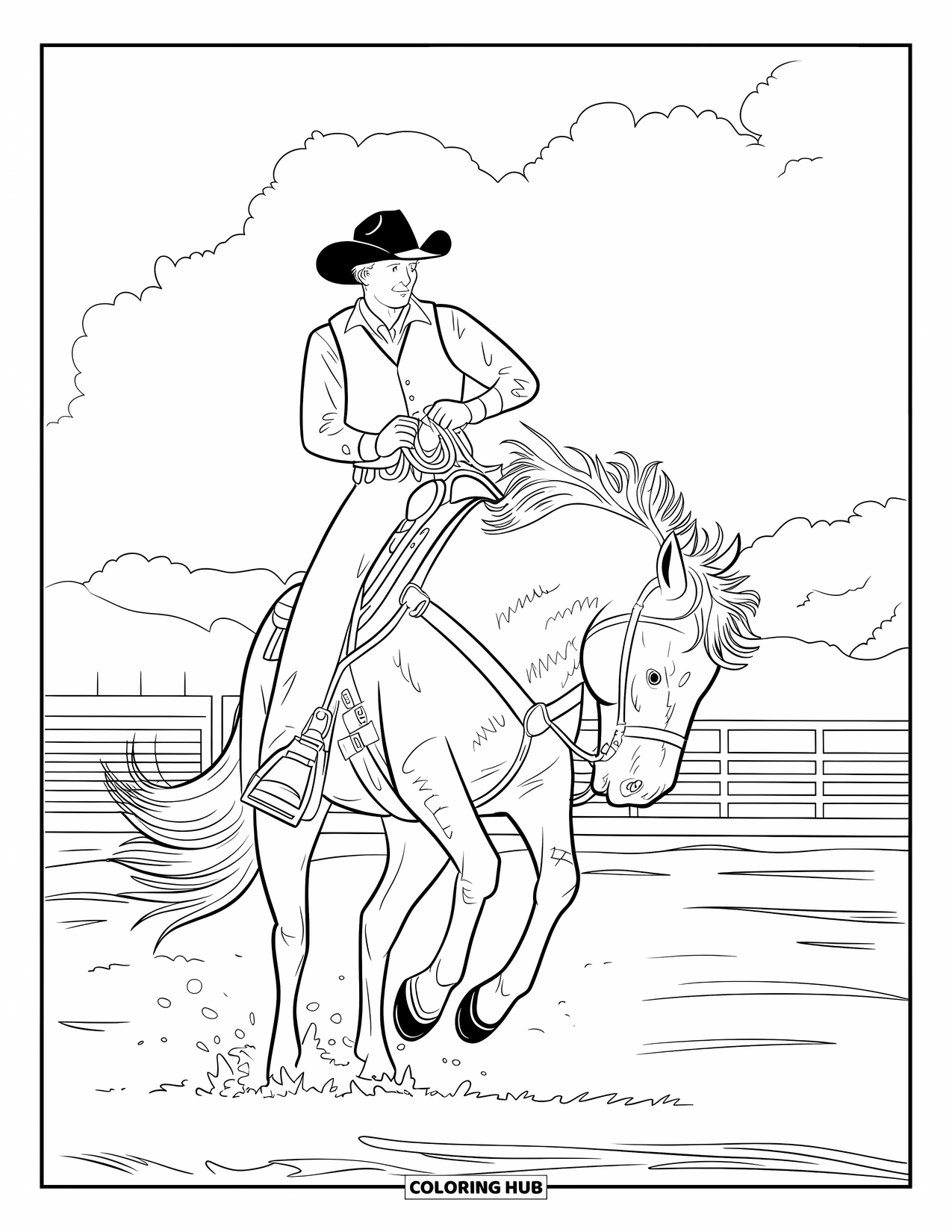 Texas Coloring Page for Kids: A bucking horse lifts a cowboy high as spectators watch from behind the fence