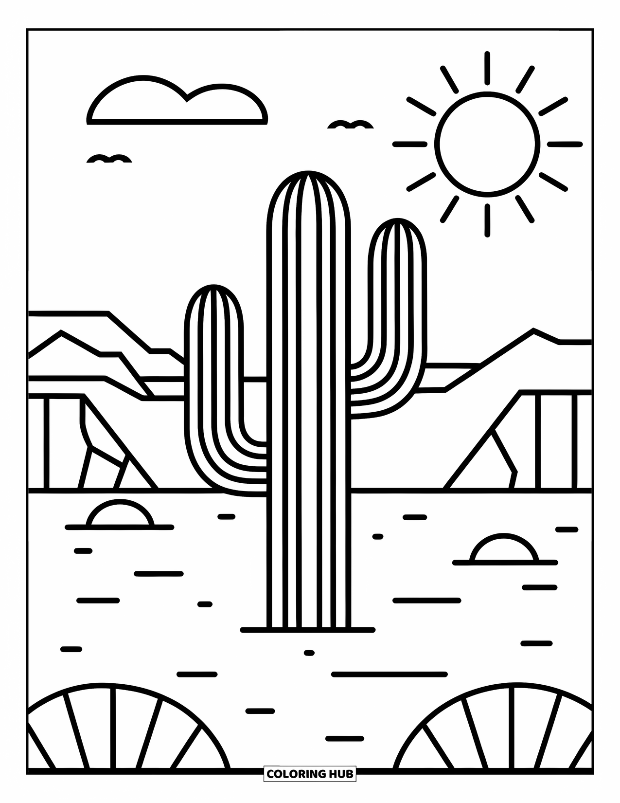 Texas Coloring Page for Kids: A cactus grows in the desert with rocks, clouds, and a setting sun nearby