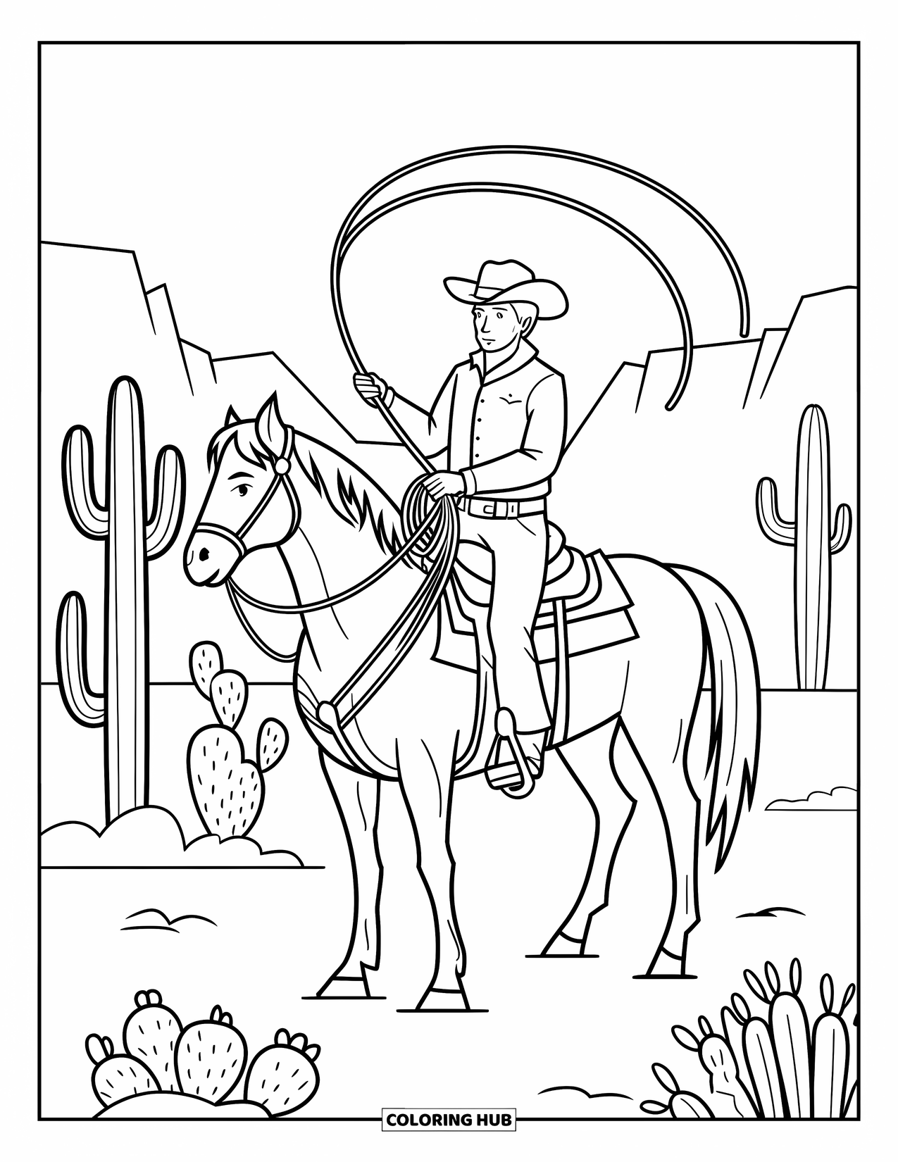 Texas Coloring Page for Kids: A cowboy on horseback swings a lasso under the desert sun