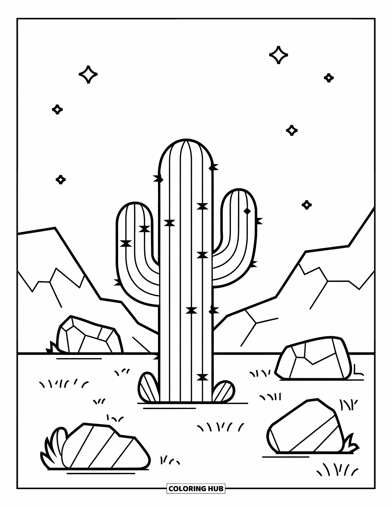 Texas Coloring Page for Kids: A desert cactus grows near rocks and mountain silhouettes under the stars