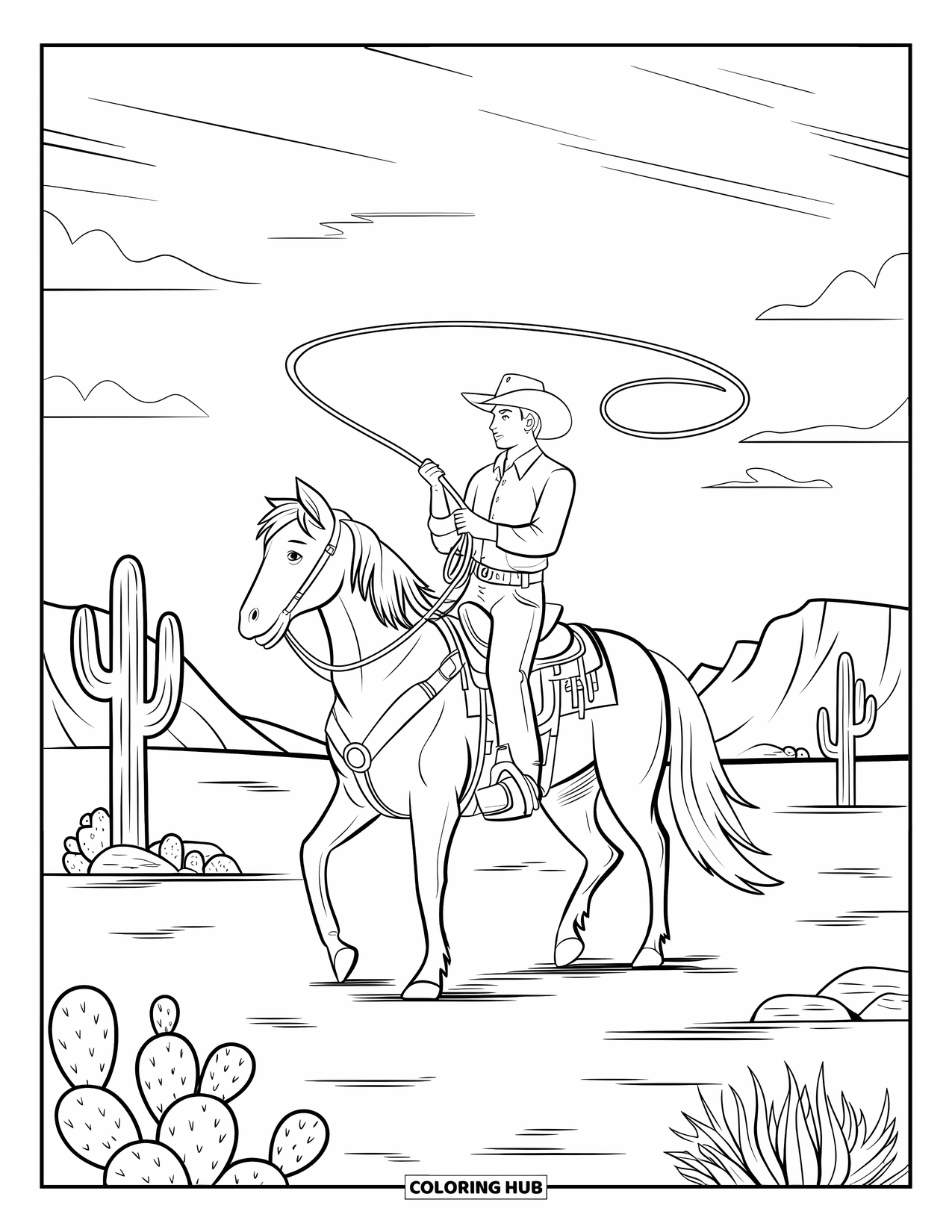 Texas Coloring Page for Kids: A lasso-wielding cowboy rides through the rocky desert