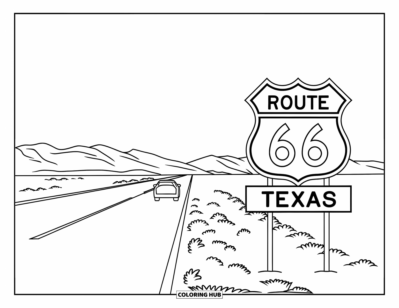 Texas Coloring Page for Kids: A long Texas highway stretches toward the mountains with a Route 66 sign and passing cars